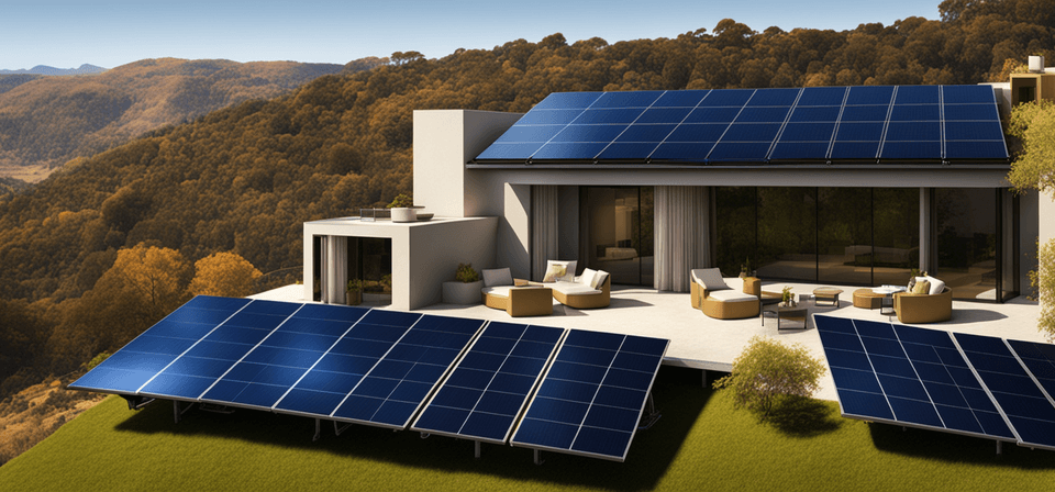 Una casa con molti pannelli fotovoltaici sul tetto e in giardino