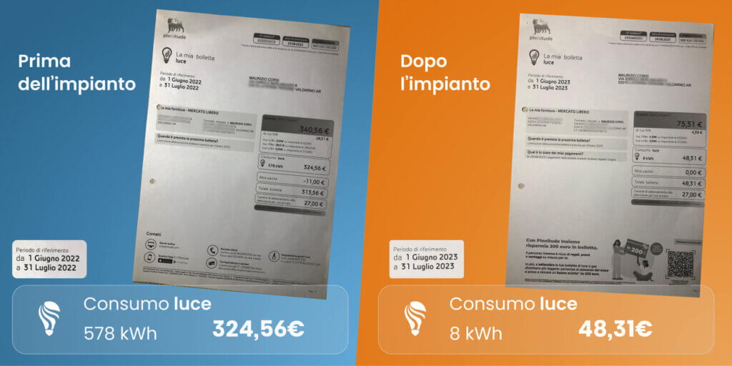 Foto delle bollette di Maurizio a distanza di un anno che hanno portato il costo da oltre 300€ a 50€ dopo aver instllato l'impianto ND