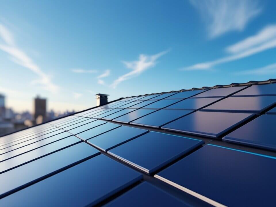 La vista di una città immaginaria da un tetto fotovoltaico